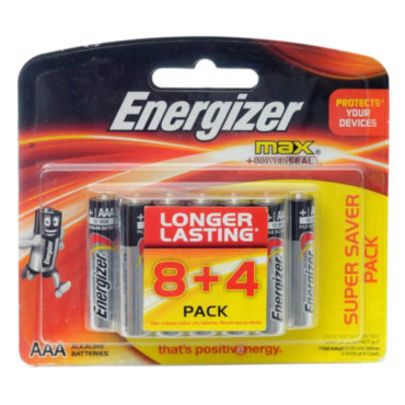 ENERGIZER AAA SIZE BATTERIES 8 + 4 FREE 